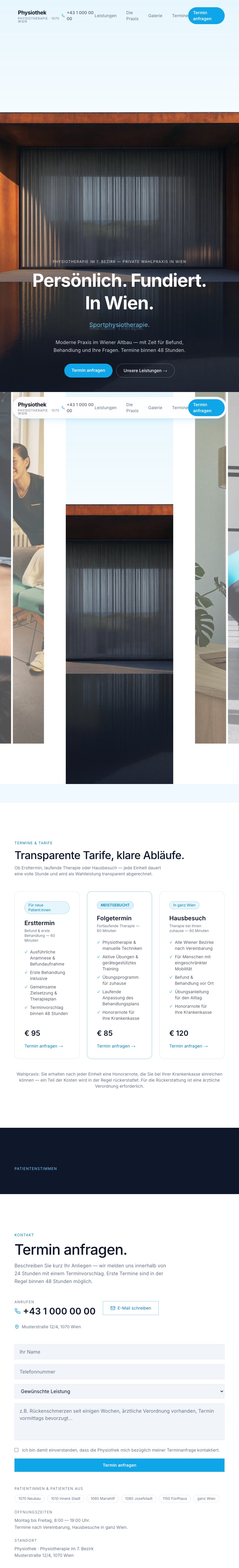 Website-Konzept Physiothek – Startseite, Tarife und Kontakt
